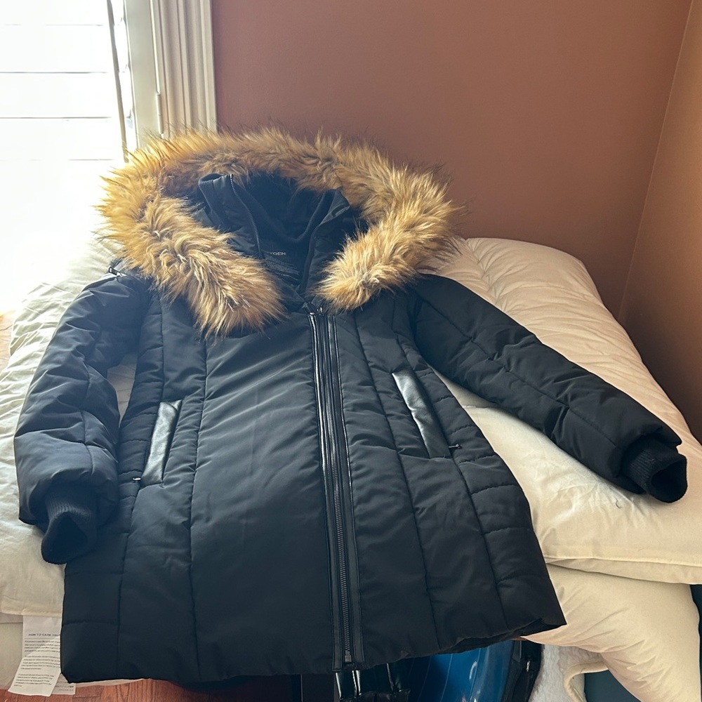 Oxygen Black Winter Coat with Faux Fur Hood